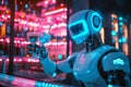 A futuristic robot bartender serves colorful drinks in a vibrant atmosphere. The neon lights create a captivating scene