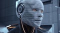 Futuristic robot with binary code face in urban setting Royalty Free Stock Photo