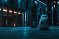 Futuristic robot with blue lights patrolling a modern corporate building at night Royalty Free Stock Photo