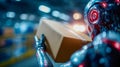 Futuristic robot carrying a cardboard box inside a modern warehouse Royalty Free Stock Photo
