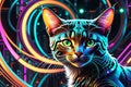 Futuristic Robot Cat - Abstract Cyberpunk Elements, Swirling Neon Hues Framing Metallic Feline Structure