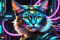 Futuristic Robot Cat - Abstract Cyberpunk Elements, Swirling Neon Hues Framing Metallic Feline Structure