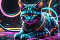 Futuristic Robot Cat - Abstract Cyberpunk Elements, Swirling Neon Hues Framing Metallic Feline Structure