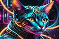 Futuristic Robot Cat - Abstract Cyberpunk Elements, Swirling Neon Hues Framing Metallic Feline Structure Royalty Free Stock Photo