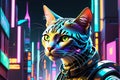 Futuristic Robot Cat - Combines Organic Feline Grace with Cybernetic Enhancements, Set Against a Neon Backdrop Royalty Free Stock Photo