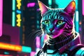 Futuristic Robot Cat - Combines Organic Feline Grace with Cybernetic Enhancements, Set Against a Neon Backdrop Royalty Free Stock Photo