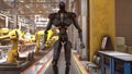 A futuristic robot checks an automatic production line in a car factory. 3D Rendering.