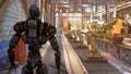 A futuristic robot checks an automatic production line in a car factory. 3D Rendering.