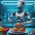 A futuristic robot chef is preparing a meal in a high-tech kitchen. The robot has a sleek Royalty Free Stock Photo