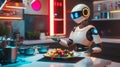 A futuristic robot chef skillfully prepares colorful dishes in a modern kitchen. The blend of technology and culinary art creates Royalty Free Stock Photo