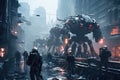 Futuristic robot in a city street at night. 3d rendering, An intimidating dystopian world with robotic enforcers patrolling, AI