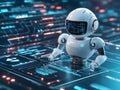 Futuristic robot coding on a computer with digital programming interface and data processing
