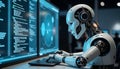 Futuristic robot coding on computer screens, advanced technology Royalty Free Stock Photo