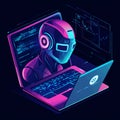 Cyberpunk Robot AI Coding on Laptop Neon Digital Art blue pink dark data future design modern colors purple