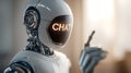 Futuristic robot concept with the word chat displayed prominently on its face artificial intelligence and technological innovation Royalty Free Stock Photo