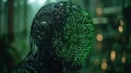 A futuristic robot with a digital code-covered face stands in a serene forest, blending advanced technology with nature Royalty Free Stock Photo