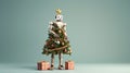 Futuristic Robot droid decorated with Christmas tree and toys and New Year gifts