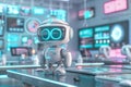 Futuristic robot embodying advanced technology and artificial intelligence in a data center. Playful and innovative integration