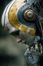 Futuristic robot experiencing sadness in post-apocalyptic setting