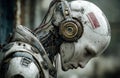 Futuristic robot experiencing sadness in post-apocalyptic setting