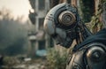 Futuristic robot experiencing sadness in post-apocalyptic setting