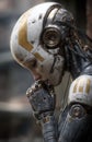 Futuristic robot experiencing sadness in post-apocalyptic setting