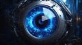 Futuristic robot eye technology, blue digital iris Royalty Free Stock Photo