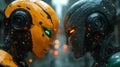Futuristic robot face-off - high-tech artificial intelligence battle - generative ai