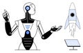 Futuristic Robot Gesturing with Rocket Launch and Solar Panel Concept Royalty Free Stock Photo