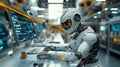Humanoid robot working on computer systems in a high-tech lab. Royalty Free Stock Photo