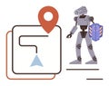 Futuristic Robot Guarding GPS Navigation Path with Location Pin and Map Royalty Free Stock Photo