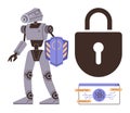 Futuristic Robot Guarding with Shield, Digital Security Padlock, and Data Screen Symbolizing Cybersecurity Royalty Free Stock Photo