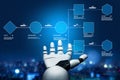 Futuristic Robot Hand with Data Processing Flowchart Visualizing Artificial Intelligence Technologies and Algorithms in Royalty Free Stock Photo