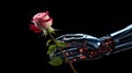 Futuristic robot hand delicately holding a beautiful rose flower against a vibrant neon background