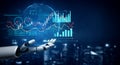 Futuristic Robot Hand with Digital Data Visualization and Analytics Chart in Background Representing Innovation in Royalty Free Stock Photo