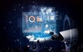 Futuristic Robot Hand Displaying Digital Data Visualization with Graphs and Charts Against a City Skyline at Night Scalp Royalty Free Stock Photo