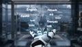 Futuristic Robot Hand Displaying Various Language Names with a World Map in a Modern Office Setting. Auvana Royalty Free Stock Photo