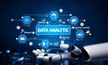 Futuristic Robot Hand Gesture Emphasizing Data Analysis, Machine Learning, Big Data, and Network Statistics in a Digital Royalty Free Stock Photo