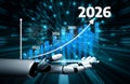 Futuristic Robot Hand Holding Data Visualization with Growth Charts and Year Markers from 2023 to 2026 in a Digital Royalty Free Stock Photo