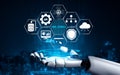 Futuristic Robot Hand Holding Icons of Artificial Intelligence, Cloud Computing, Data Management, Automation, and No Royalty Free Stock Photo