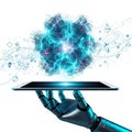 A futuristic robot hand holding a tablet displaying a neural network Royalty Free Stock Photo