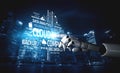 Futuristic Robot Hand Interacting with Cloud Computing Technology in a Digital Cityscape at Night Time with Data Royalty Free Stock Photo