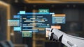 Futuristic Robot Hand Interacting with Coding Interface Displaying Various Programming Languages in an Advanced Tech Royalty Free Stock Photo