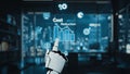Futuristic Robot Hand Interacting with Cost Reduction Analytics in a Modern Office Environment. Auvana Royalty Free Stock Photo