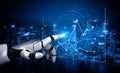 Futuristic Robot Hand Interacting with Data Graphs on a Digital Screen in a Modern Cityscape, Illustrating Artificial Royalty Free Stock Photo