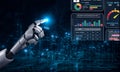 Futuristic Robot Hand Interacting with Data Visualization and Digital Insights for Technology and Innovation Analysis Royalty Free Stock Photo