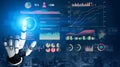 Futuristic Robot Hand Interacting with Data Visualization and Graphs in Modern Urban Environment Impute Royalty Free Stock Photo