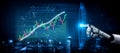 Futuristic Robot Hand Interacting with Data Visualization and Stock Market Trends on Digital Screen Impute Royalty Free Stock Photo
