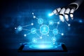 Futuristic Robot Hand Interacting with Data Visualization on Tablet Screen Representing Artificial Intelligence and Royalty Free Stock Photo