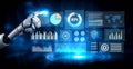Futuristic Robot Hand Interacting with Data Visualizations, Graphs, and Charts in a Digital Environment Representing AI Royalty Free Stock Photo